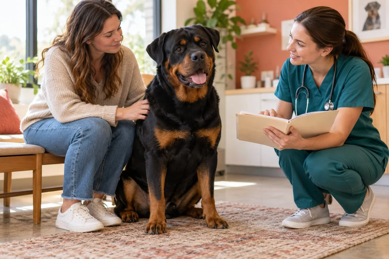 Owner and veterinary professional sitting beside a black-and-tan dog